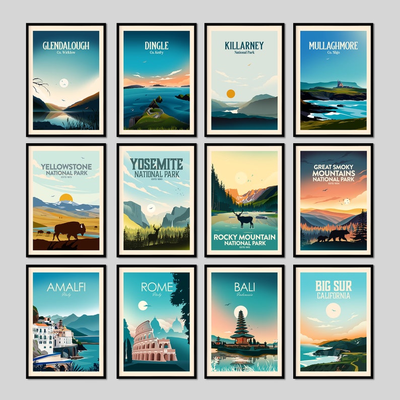 Peut inclure: Un ensemble de 12 affiches de voyage vintage repr&eacute;sentant des destinations embl&eacute;matiques du monde entier. Les affiches sont dans un style r&eacute;tro avec des couleurs vives et des illustrations simples. Les destinations comprennent le parc national de Yellowstone, le parc national de Yosemite, le parc national des Rocheuses, le parc national des Great Smoky Mountains, Amalfi, Rome, Bali, Big Sur, Glendalough, Dingle, Killarney et Mullaghmore.