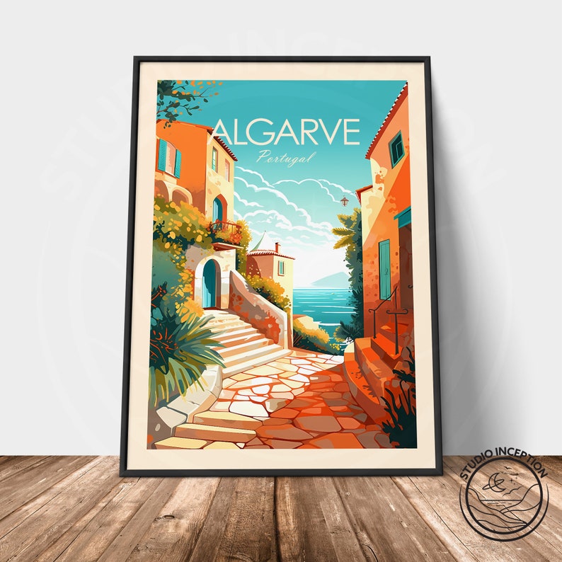 May include: A colorful illustration of a narrow street in Algarve, Portugal. The street is lined with colorful buildings and lush greenery. The ocean is visible in the distance.