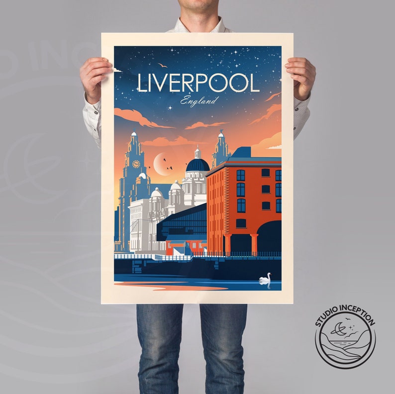 May include: A vintage travel poster featuring a colorful illustration of the Liverpool skyline, including the Liver Building, the Royal Liver Building, and the Anglican Cathedral. The poster has a blue, orange, and white color scheme and the text "LIVERPOOL England" at the top.