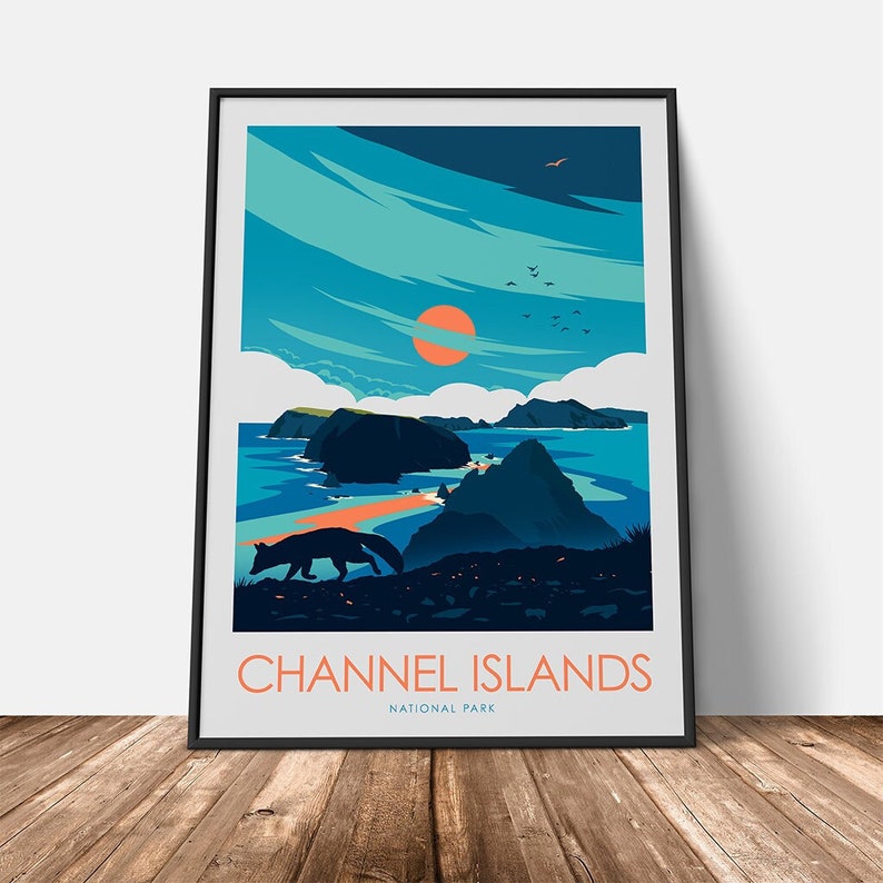 May include: A colourful illustration of a landscape with a red sun setting over a body of water. The landscape is made up of islands and a fox walking on the shore. The text "CHANNEL ISLANDS NATIONAL PARK" is at the bottom of the image.