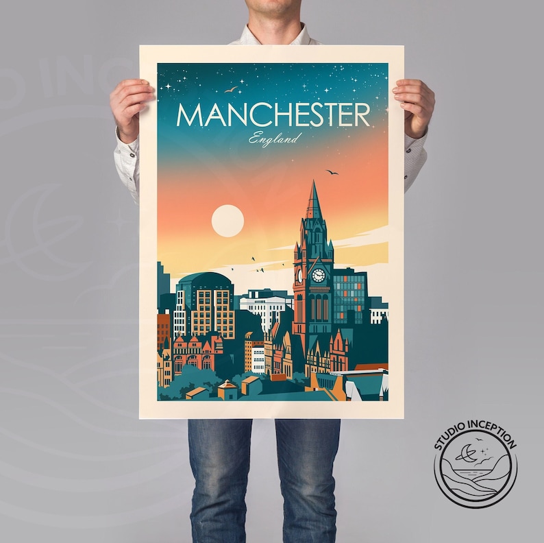 May include: A vintage-style poster featuring a cityscape of Manchester, England. The poster has a blue, orange, and yellow color scheme and features the iconic Manchester Town Hall building.