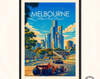 Albert Park Circuit Melbourne print, stadsgezicht reisposter met racecircuit en auto's.