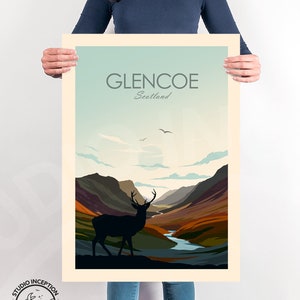 Glencoe Print featuring stag in foreground, Scotland Travel Poster, Scottish Wall Art, National Park Print designed by Studio Inception