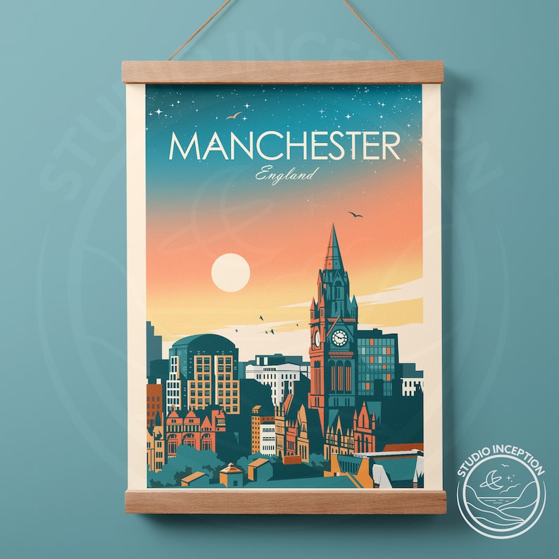 May include: A retro-style illustration of the Manchester skyline, featuring the Town Hall with its clock tower, against a sunset backdrop. The text "Manchester, England" is displayed at the top of the image.