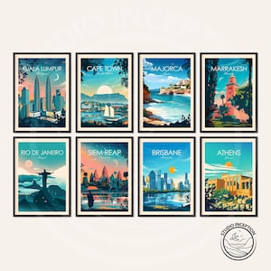 May include: A set of eight framed travel art prints featuring stylized illustrations of global destinations. Each print showcases a different city, including Kuala Lumpur, Cape Town, Majorca, and Marrakech, with vibrant colors and scenic views.