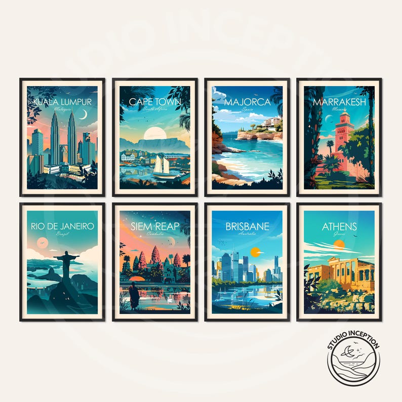 May include: A set of eight framed travel art prints featuring stylized illustrations of global destinations. Each print showcases a different city, including Kuala Lumpur, Cape Town, Majorca, and Marrakech, with vibrant colors and scenic views.
