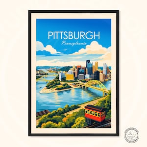May include: A framed art print depicting a stylized illustration of Pittsburgh, Pennsylvania. The image shows the city skyline, bridges, and a funicular railway against a blue sky with clouds. The print is presented in a black frame.
