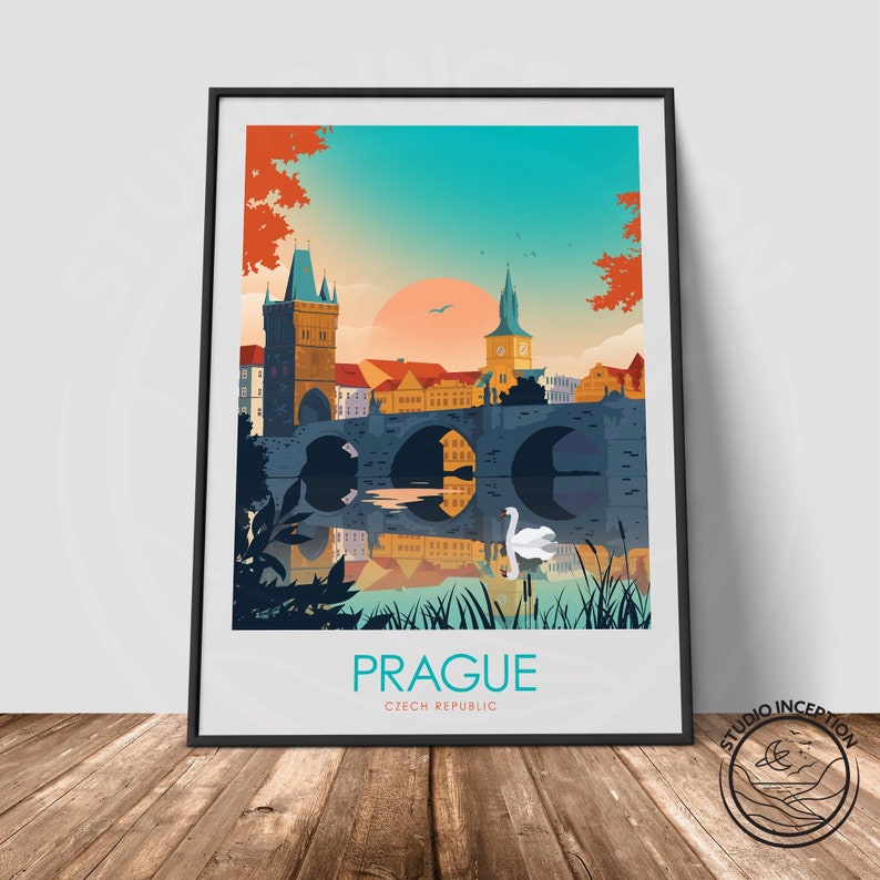 May include: A colorful illustration of Prague, Czech Republic, featuring a bridge with a swan in the water. The text "PRAGUE" and "CZECH REPUBLIC" is displayed below the image.