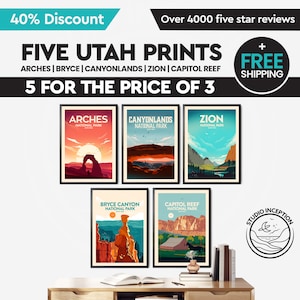Utah National Park Poster  | Set of 5 Prints | National Park Print | Arches Print | Bryce Canyon | Canyonlands | Zion | Capitol Reef