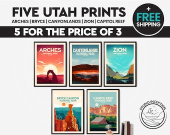 Utah National Park Poster  | Set of 5 Prints | National Park Print | Arches Print | Bryce Canyon | Canyonlands | Zion | Capitol Reef