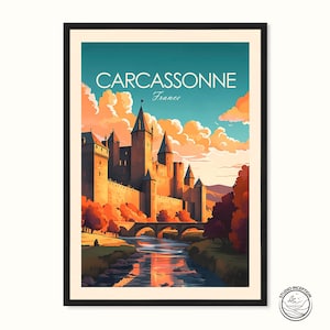 Impresión de viaje tradicional de Carcassonne, póster de viaje a Francia, impresión de Carcassonne, póster de Languedoc, regalo de viaje, arte mural, impresiones enmarcadas