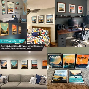 May include: A collection of framed national park posters, including Glacier, Zion, Yellowstone, and Rocky Mountain. The posters feature vintage-style illustrations of landscapes and wildlife. The text "CUSTOMER GALLERY" is visible.