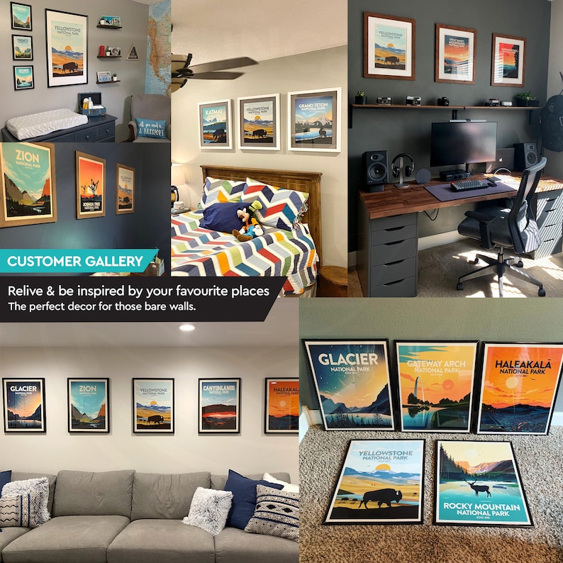May include: A collection of framed national park posters, including Glacier, Zion, Yellowstone, and Rocky Mountain. The posters feature vintage-style illustrations of landscapes and wildlife. The text "CUSTOMER GALLERY" is visible.