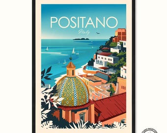 May include: A colorful illustration of Positano, Italy, featuring a yellow and green domed church building, a blue ocean, and a hillside town with white buildings.