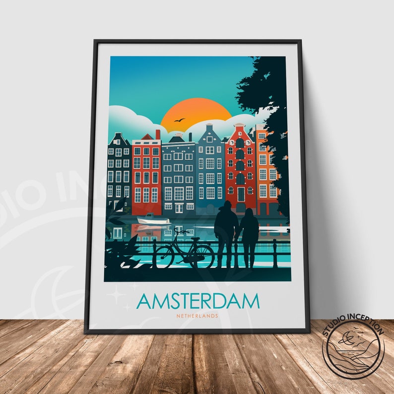 May include: A colorful illustration of Amsterdam, Netherlands, with a couple standing on a bridge overlooking a canal. The buildings are a mix of red, blue, and green, and the sky is a bright blue. The text "AMSTERDAM" and "NETHERLANDS" is at the bottom of the image.