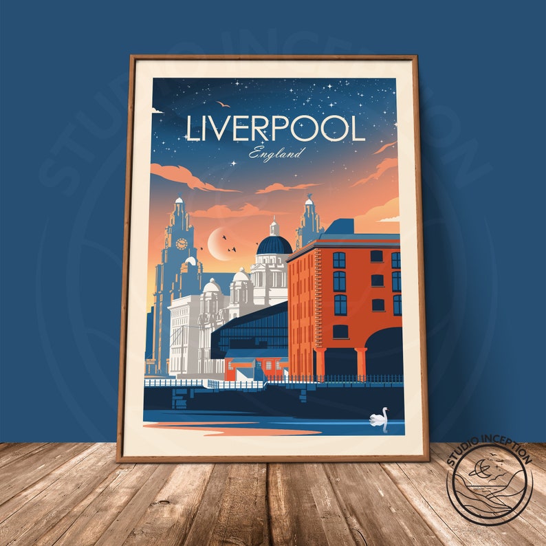 May include: A vintage travel poster featuring a colorful illustration of the Liverpool skyline at night. The poster has the text "Liverpool, England" at the top.