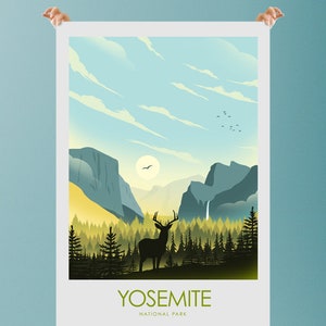 May include: A vintage-style poster with a silhouette of a deer in a forest setting. The poster features a blue sky with white clouds, a sun, and a waterfall. The text "Yosemite National Park" is at the bottom of the poster.