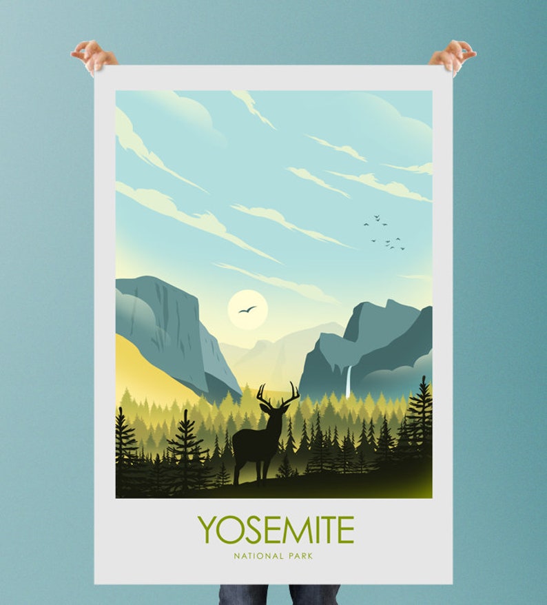 May include: A vintage-style poster with a silhouette of a deer in a forest setting. The poster features a blue sky with white clouds, a sun, and a waterfall. The text "Yosemite National Park" is at the bottom of the poster.