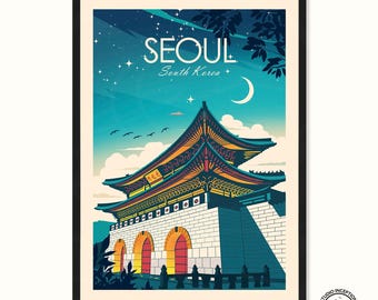 May include: A framed art print featuring a stylized illustration of Seoul, South Korea. The artwork depicts a traditional Korean building under a starry night sky with a crescent moon. The word "SEOUL" is prominently displayed.