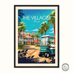 The Villages Florida-print in traditionele stijl, Florida-poster, reiskunst Verenigde Staten, gepersonaliseerd reiscadeau, ingelijste reisafdrukken