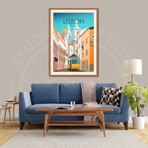 May include: A vintage travel poster featuring a yellow tram traveling down a street in Lisbon, Portugal. The poster has a blue sky with a sun and a bird in the background. The text on the poster reads "LISBON Portugal".