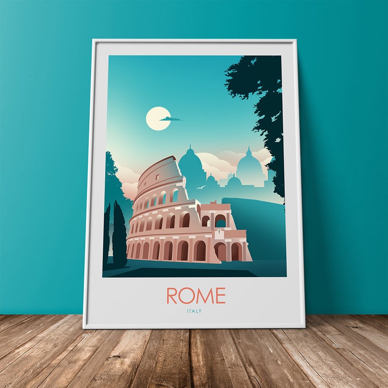 Puede incluir: Una ilustraci&oacute;n colorida del Coliseo en Roma, Italia. El Coliseo es un gran anfiteatro circular con un esquema de color marr&oacute;n y blanco. El fondo es un cielo azul con una luna blanca y nubes. El texto "ROMA" e "ITALIA" est&aacute; impreso debajo del Coliseo.