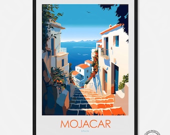 Puede incluir: Una ilustración colorida de una escena callejera en Mojácar, España. La imagen presenta edificios blancos con puertas y ventanas azules, una escalera de piedra que conduce a los edificios y una vista del océano azul en la distancia.