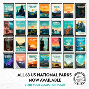 May include: A collage of 63 colourful illustrations of US National Parks. Each illustration features a unique landscape and iconic features of the park. The text "ALL 63 US NATIONAL PARKS NOW AVAILABLE START YOUR COLLECTION TODAY" is at the bottom of the collage.