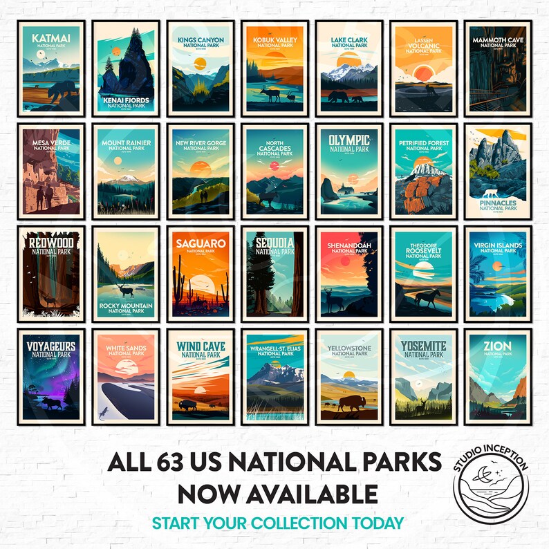 May include: A collage of 63 colourful illustrations of US National Parks. Each illustration features a unique landscape and iconic features of the park. The text "ALL 63 US NATIONAL PARKS NOW AVAILABLE START YOUR COLLECTION TODAY" is at the bottom of the collage.