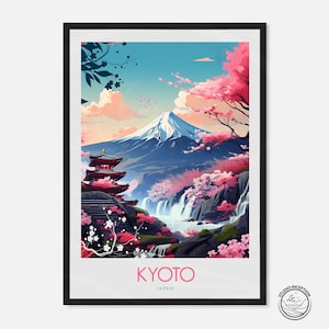 May include: A colorful illustration of a Japanese temple with cherry blossoms and Mount Fuji in the background. The text "KYOTO JAPAN" is at the bottom of the image.