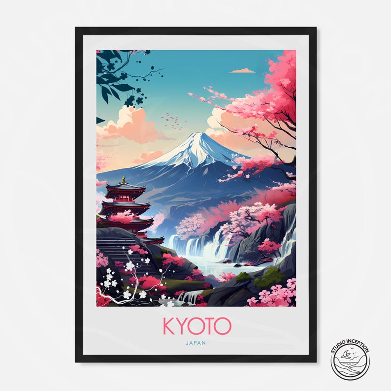 May include: A colorful illustration of a Japanese temple with cherry blossoms and Mount Fuji in the background. The text "KYOTO JAPAN" is at the bottom of the image.