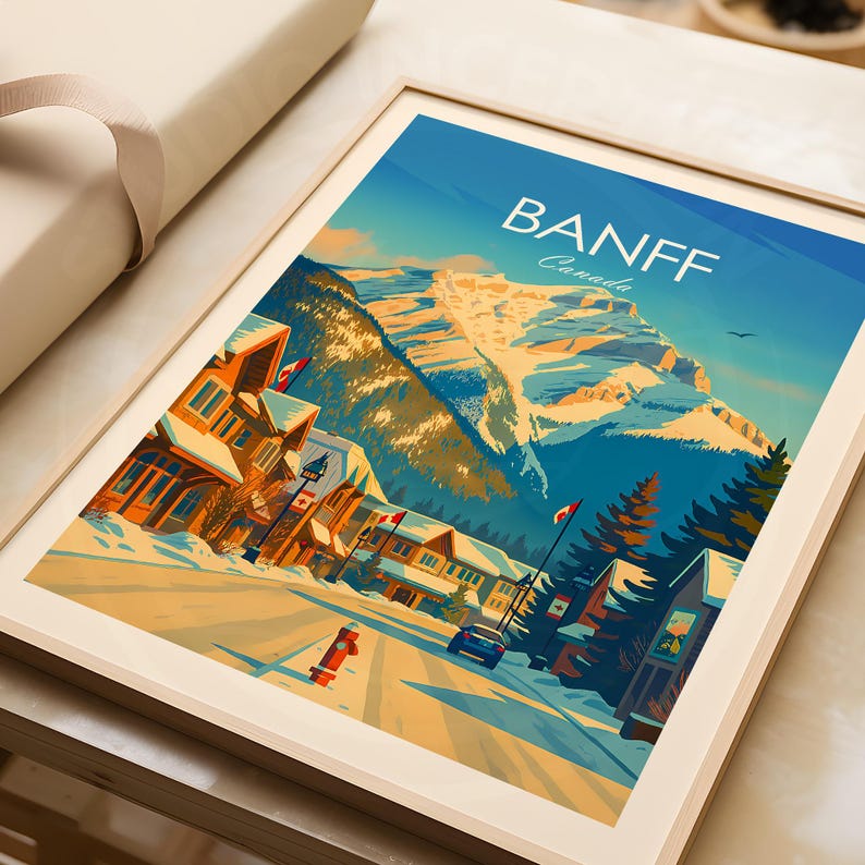 Lámina decorativa de Banff, Canadá – Póster de invierno de Banff Avenue, arte de las Montañas Rocosas canadienses, Parque Nacional, regalo de arte para la pared de viaje imagen 2