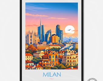 Reisposter Milaan, kunst aan de muur skyline Milaan, print Milaan Italië, stadskunst Milaan, reisposter Italië, Italiaanse muurdecoratie