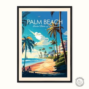 Stampa di Palm Beach in stile tradizionale, poster della Florida, arte di viaggio degli Stati Uniti, regalo di viaggio personalizzato, stampe di viaggio incorniciate