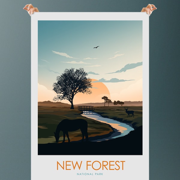 The New Forest print featuring horses and deer, New Forest National Park, Hampshire Poster, National Park Travel Print by Studio Inception