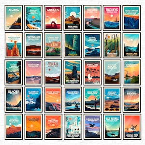 May include: Collection of framed art prints featuring national park landscapes. Each print showcases a unique park with vibrant colors and stylized illustrations. Parks include Acadia, Arches, and Denali, among others. The prints are displayed on a white wall.