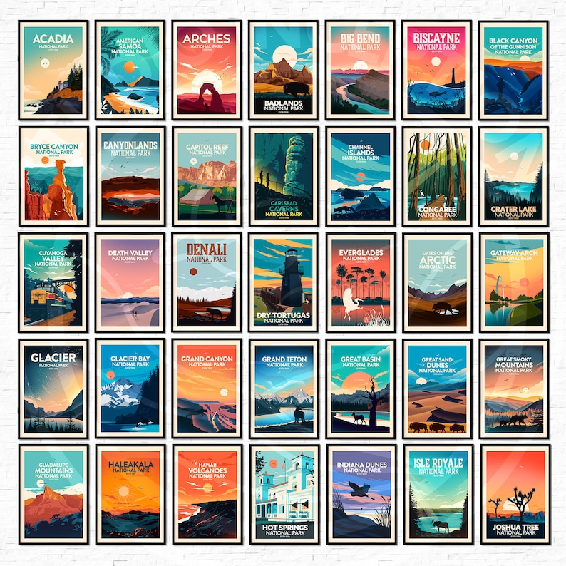 May include: Collection of framed art prints featuring national park landscapes. Each print showcases a unique park with vibrant colors and stylized illustrations. Parks include Acadia, Arches, and Denali, among others. The prints are displayed on a white wall.