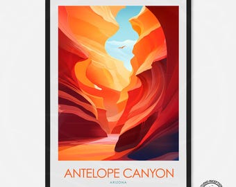 May include: A colorful illustration of Antelope Canyon in Arizona. The canyon walls are a mix of red, orange, and yellow, with a sliver of blue sky visible at the top. The canyon is narrow and winding, with a stream of water flowing through it.