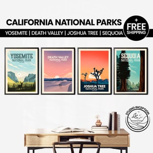 May include: Four colorful posters featuring national parks in California. The posters are framed in black and feature illustrations of Yosemite National Park, Death Valley National Park, Joshua Tree National Park, and Sequoia National Park.