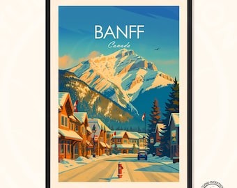 Banff Canada Wall Art Print – Banff Avenue winterposter, Canadian Rockies Mountain Art, National Park, Travel Wall Art Gift