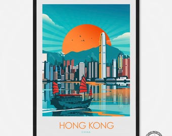 Hong Kong Print China Travel Poster Art Print, Poster, Wall Art, Living Room Prints, Travel Gift
