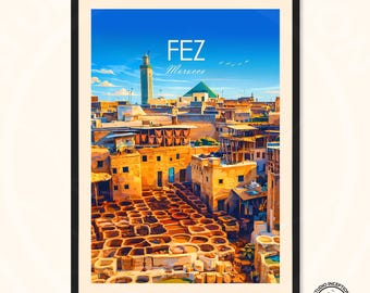 Reisposter Fez Marokko | Marokkaanse kunst aan de muur | Illustratie leerlooierij Fes | Reisafdruk in vintagestijl