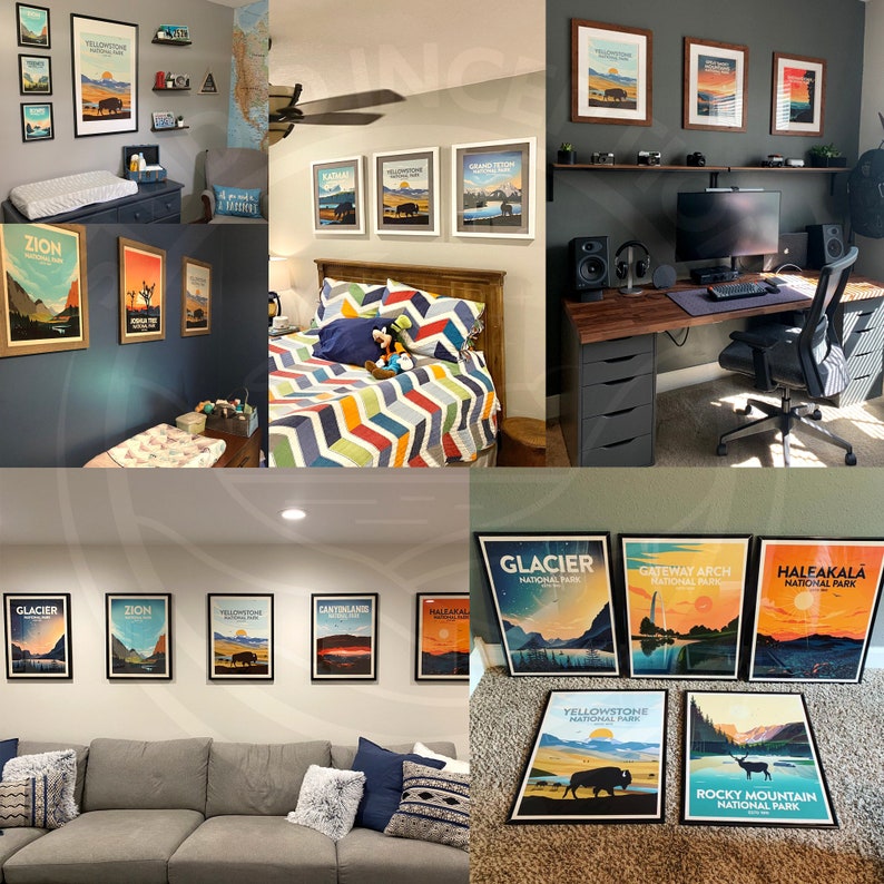 May include: A collection of framed national park posters, including Glacier, Zion, Yellowstone, and Rocky Mountain. The posters feature scenic landscapes with text such as "Glacier National Park" and "Yellowstone National Park". The posters are displayed in various rooms.