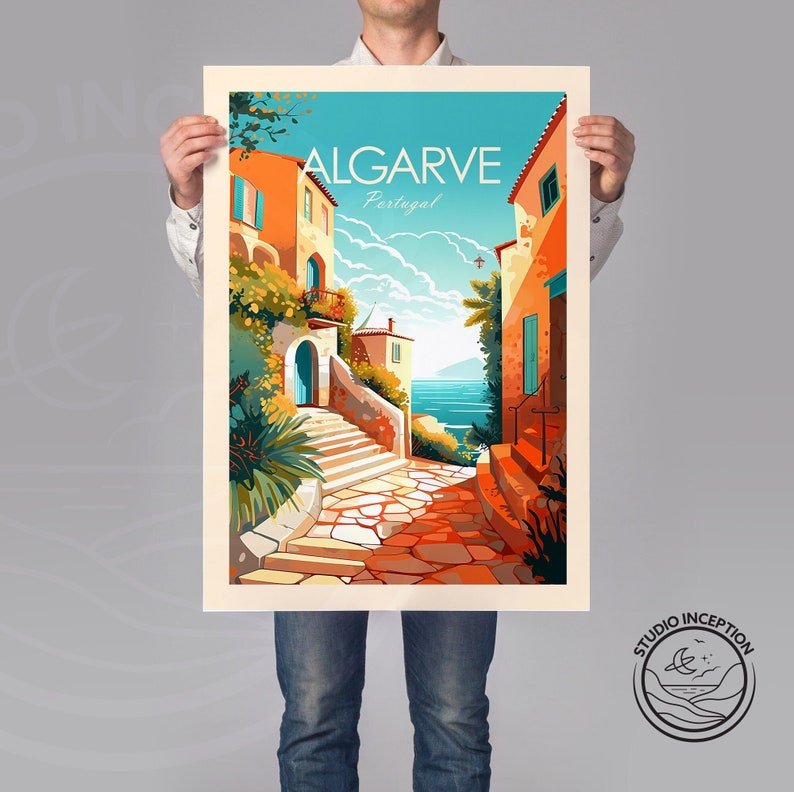 May include: A vintage travel poster featuring a colorful illustration of a narrow street in Algarve, Portugal. The street is lined with buildings in shades of orange and yellow, with a blue door and steps leading up to a view of the ocean. The poster has the text "ALGARVE Portugal" at the top.