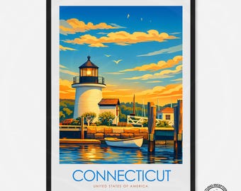 Connecticut-afdruk | Reisposter New England | Muurkunst vuurtoren vuurtoren Connecticut