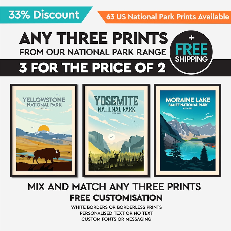 May include: Three framed prints featuring national park landscapes: Yellowstone, Yosemite, and Moraine Lake. Each print has a unique color palette and depicts iconic scenery. The text on the prints includes the park names and establishment dates. The image also advertises a discount.