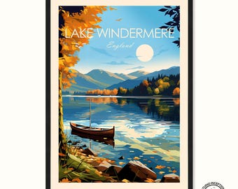 Impresión de viaje tradicional del lago Windermere, póster de viaje del Distrito de los Lagos, impresión de Cumbria, póster de Windermere, Inglaterra, regalo, impresiones artísticas de pared