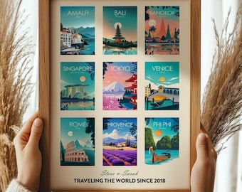 Regalo de viaje de lugares favoritos, póster de recuerdos de viaje personalizado: elige tus ubicaciones y texto, regalo de recuerdo personalizado para amantes de los viajes.