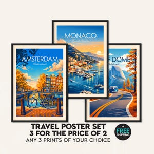 Pode incluir: Conjunto de três cartazes de viagem emoldurados com ilustrações de Amesterdão, Mónaco e Parque Nacional de Yosemite. O cartaz de Amesterdão mostra uma bicicleta num canal. Mónaco mostra uma cidade costeira. Yosemite mostra uma estrada.