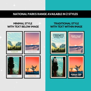 May include: A set of six national park posters in two styles. The minimal style features the park name below the image, while the traditional style features the park name within the image. The posters feature Yosemite National Park, Death Valley National Park, Sequoia National Park, and Joshua Tree National Park.